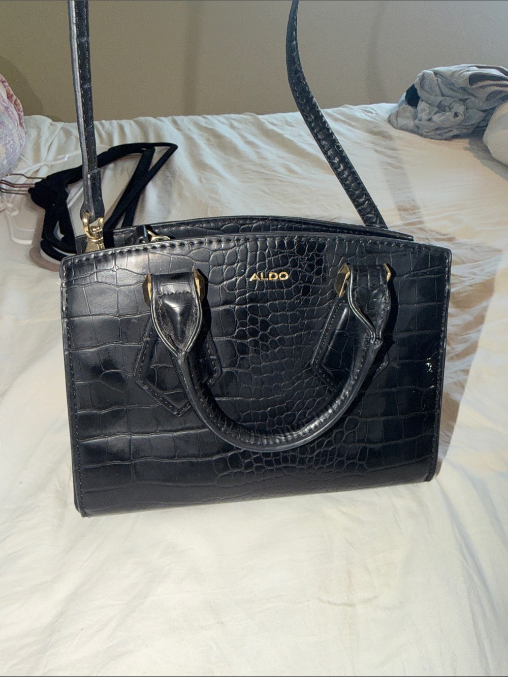 Aldo Black Croc-Embossed Satchel with Gold Accents